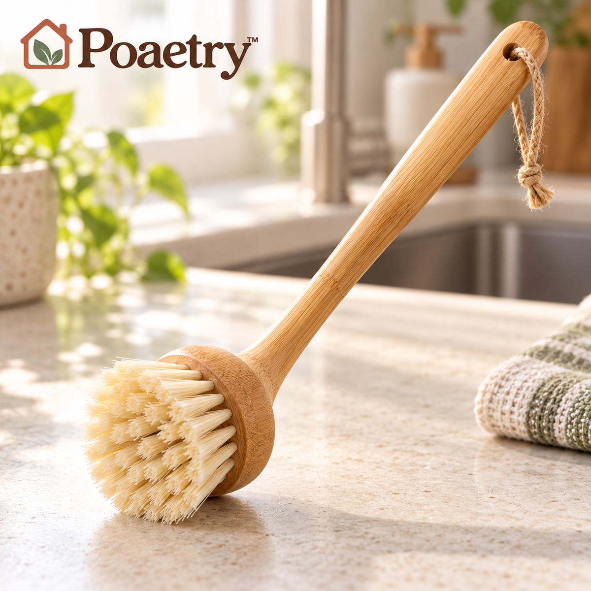 Poaetry™ Bamboo-Handle Round Dish Brush with Hanging Loop