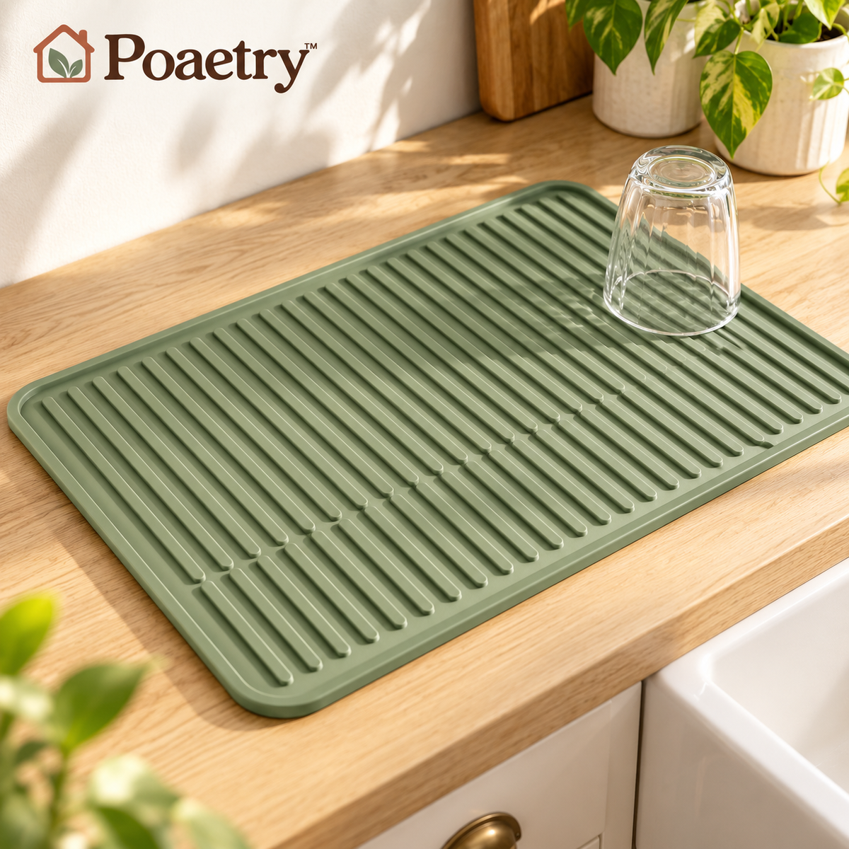Poaetry™ Sage Green Ribbed Silicone Dish Drying Mat