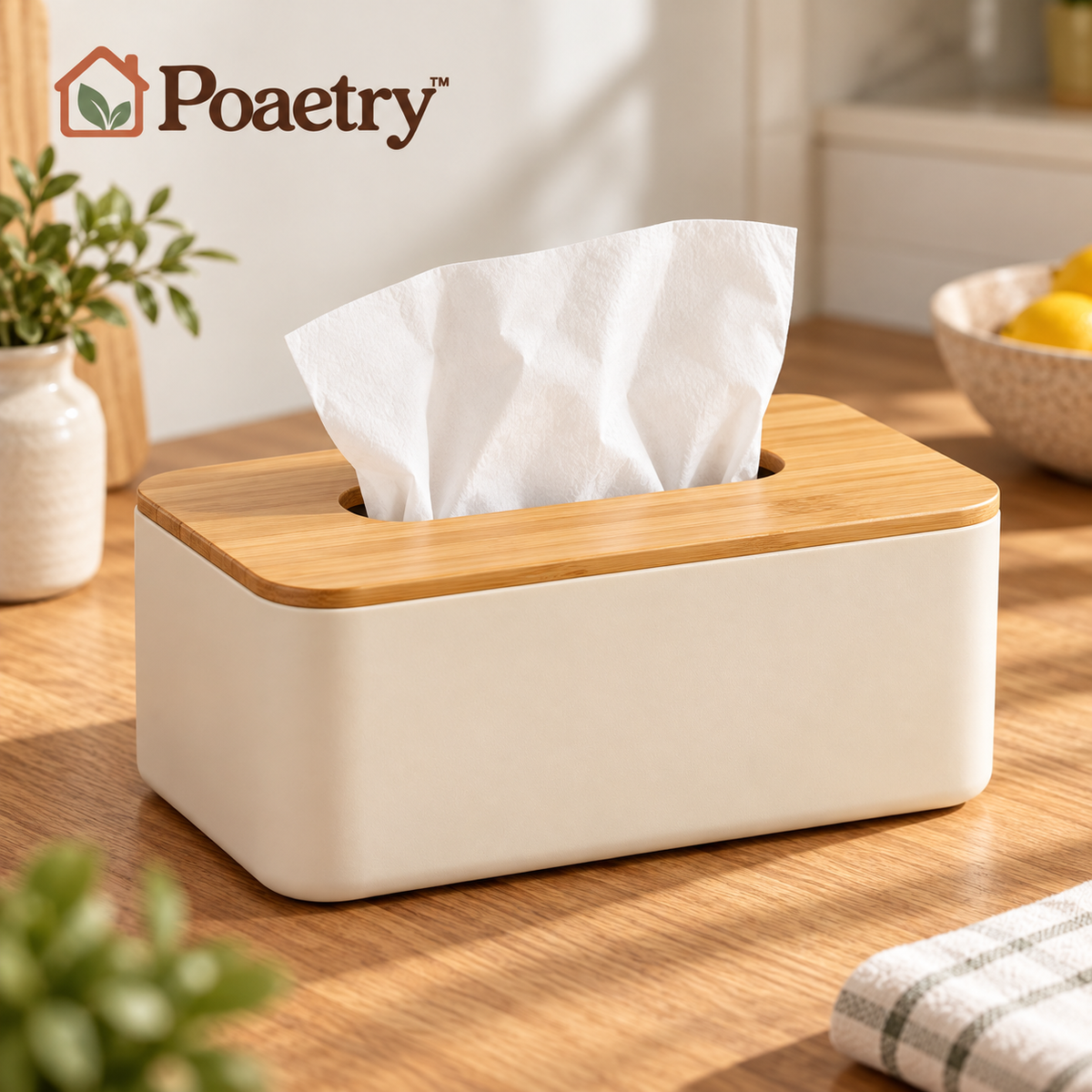 Poaetry™ Beige Tissue Box Cover with Bamboo Lid