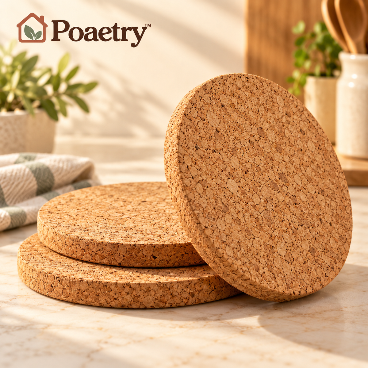 Poaetry™ Natural Cork Trivet Set — 3 Round Table Protectors