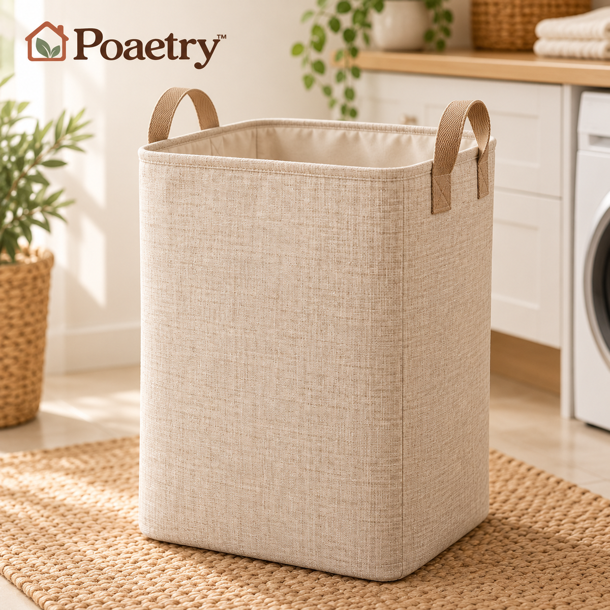 Poaetry™ Beige Fabric Laundry Hamper with Carry Handles