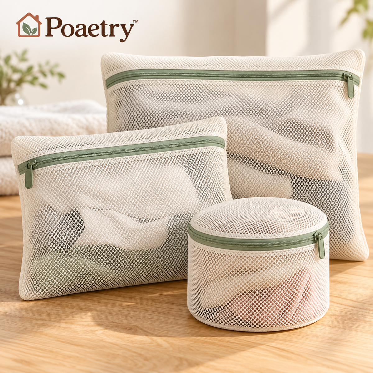 Poaetry™ Ivory Mesh Laundry Bag Set — 3-Piece Zippered Set