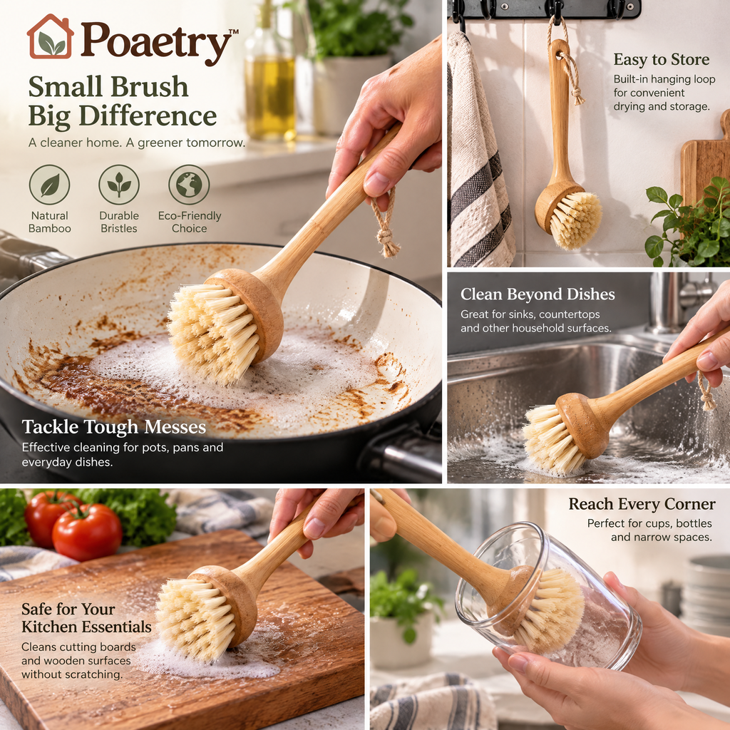 Poaetry™ Bamboo-Handle Round Dish Brush with Hanging Loop