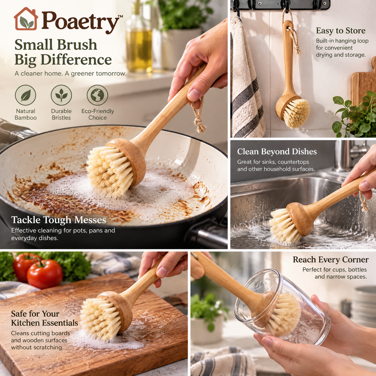Poaetry™ Bamboo-Handle Round Dish Brush with Hanging Loop