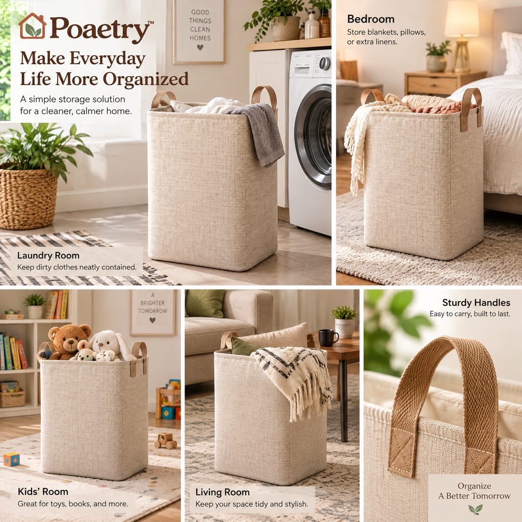 Poaetry™ Beige Fabric Laundry Hamper with Carry Handles