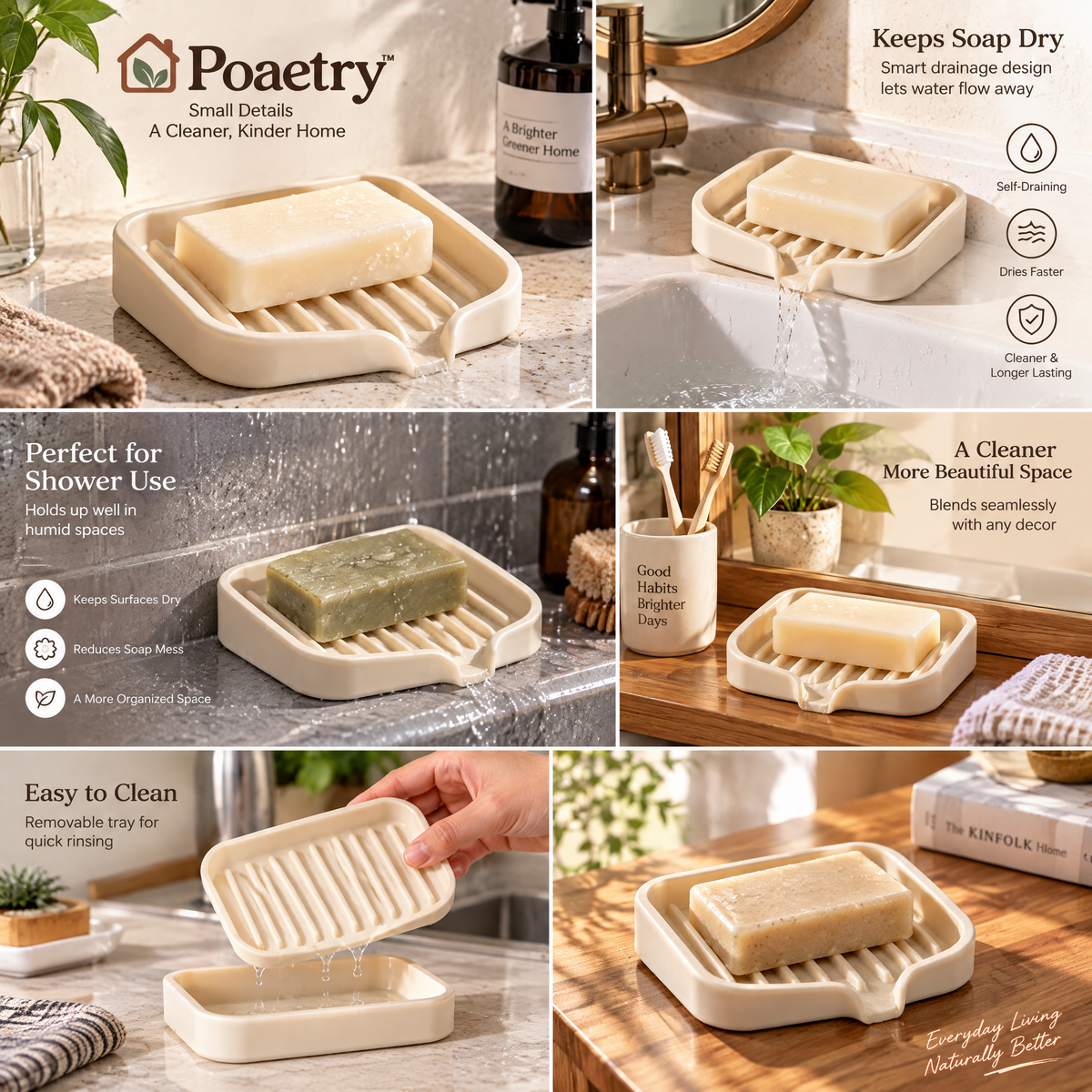 Poaetry™ Ivory Silicone Self-Draining Soap Dish