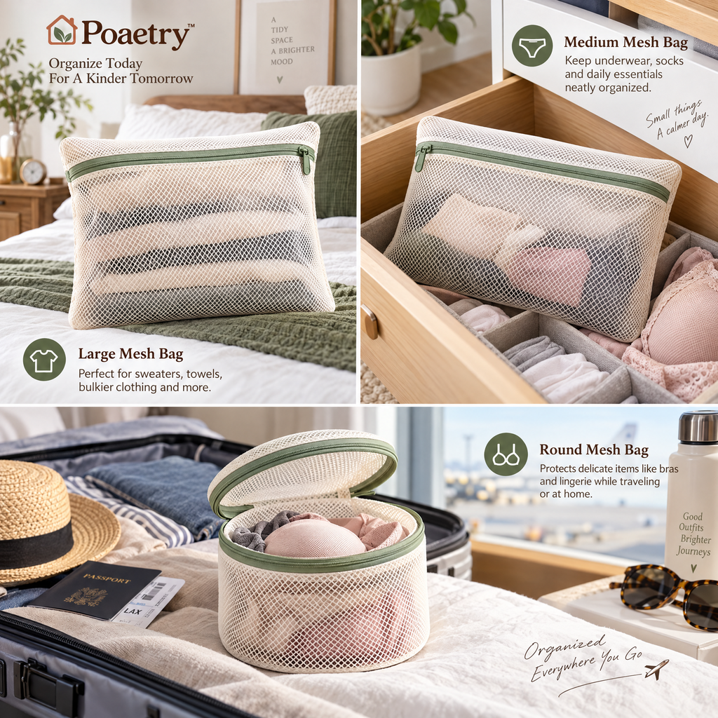 Poaetry™ Ivory Mesh Laundry Bag Set — 3-Piece Zippered Set