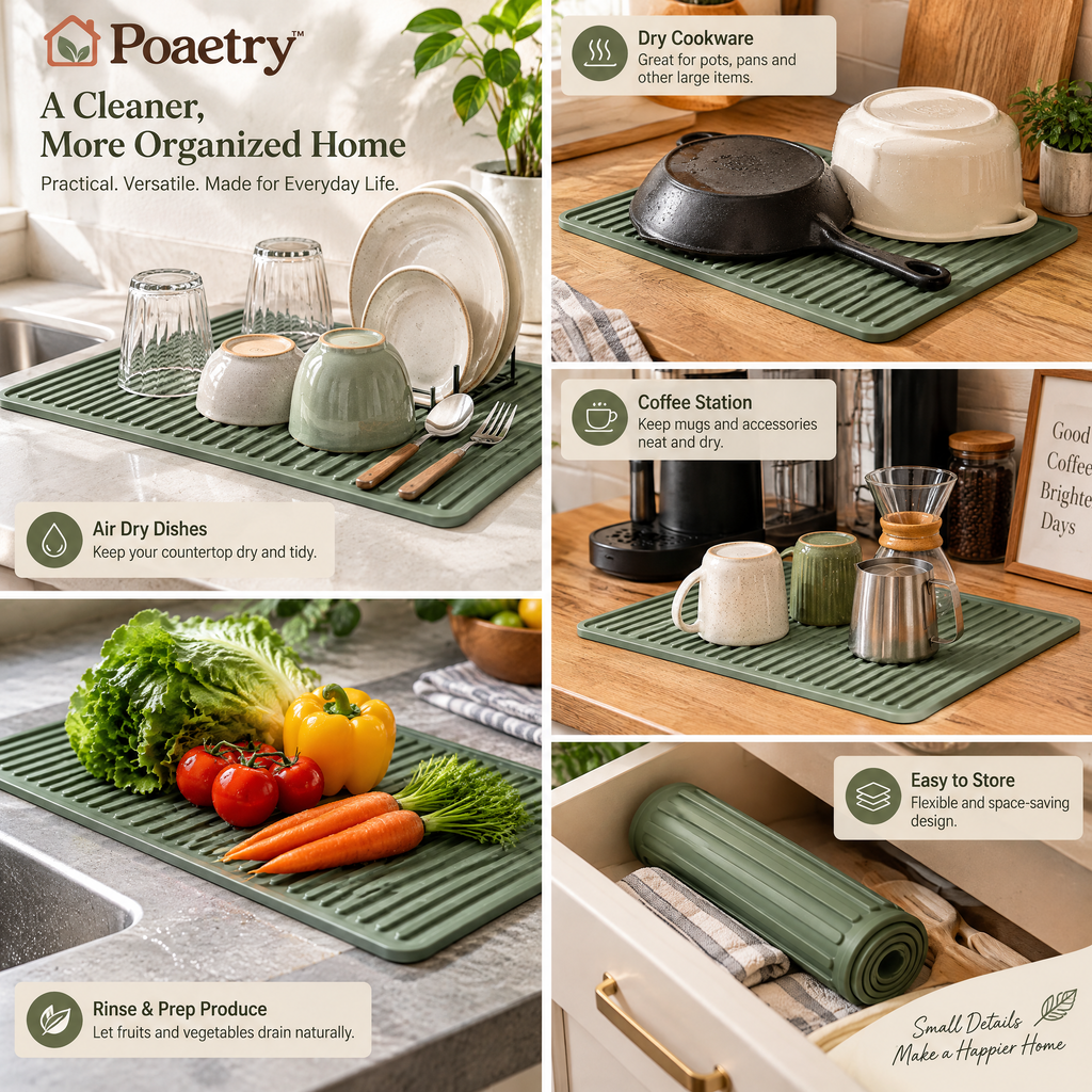 Poaetry™ Sage Green Ribbed Silicone Dish Drying Mat