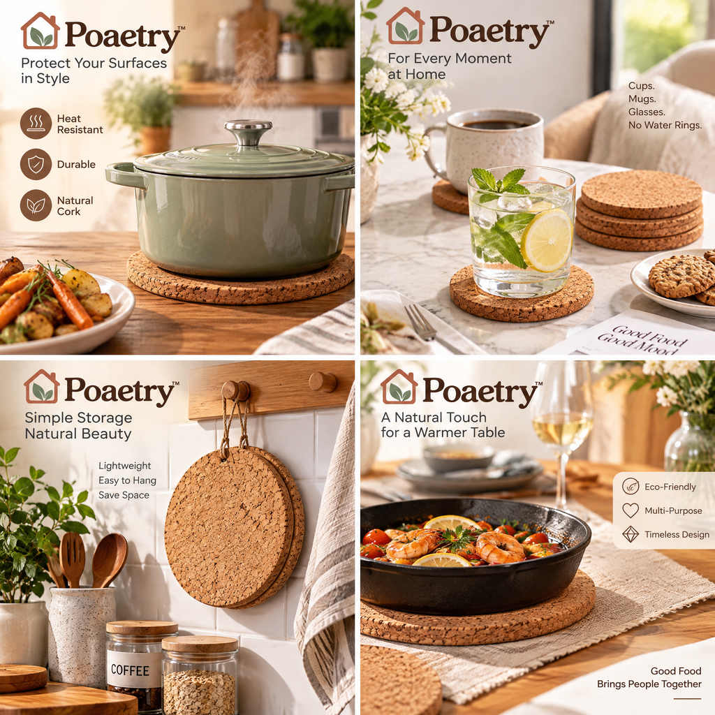 Poaetry™ Natural Cork Trivet Set — 3 Round Table Protectors