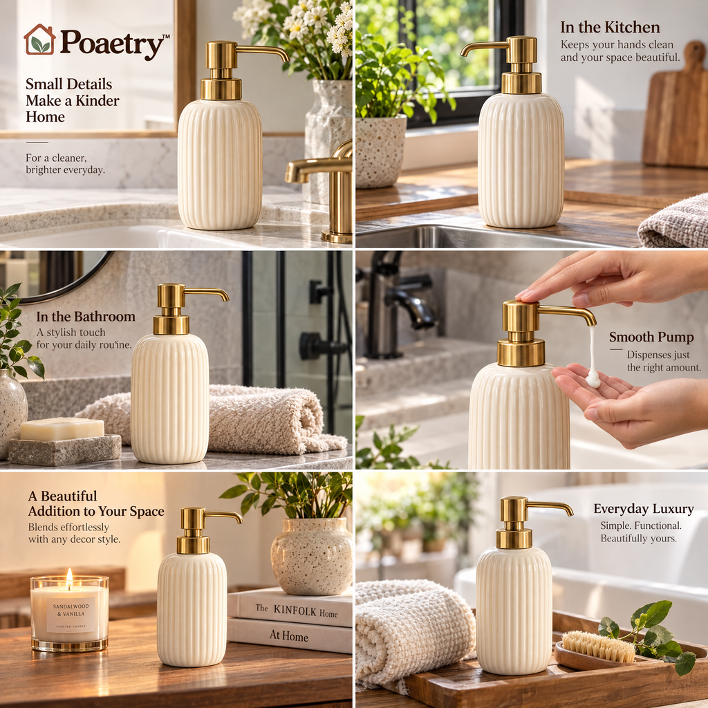 Poaetry™ Ivory Ceramic Dish Soap Dispenser with Gold-Tone Pump
