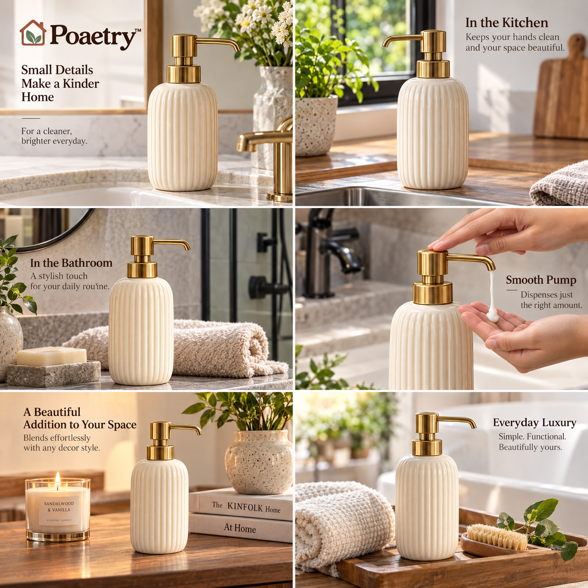 Poaetry™ Ivory Ceramic Dish Soap Dispenser with Gold-Tone Pump