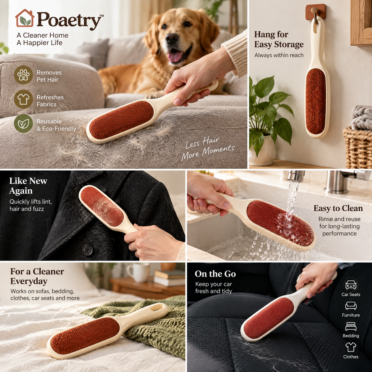 Poaetry™ Terracotta Lint & Pet Hair Brush with Ivory Handle