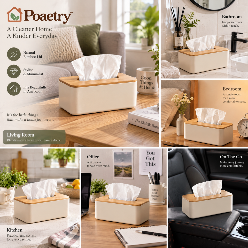 Poaetry™ Beige Tissue Box Cover with Bamboo Lid